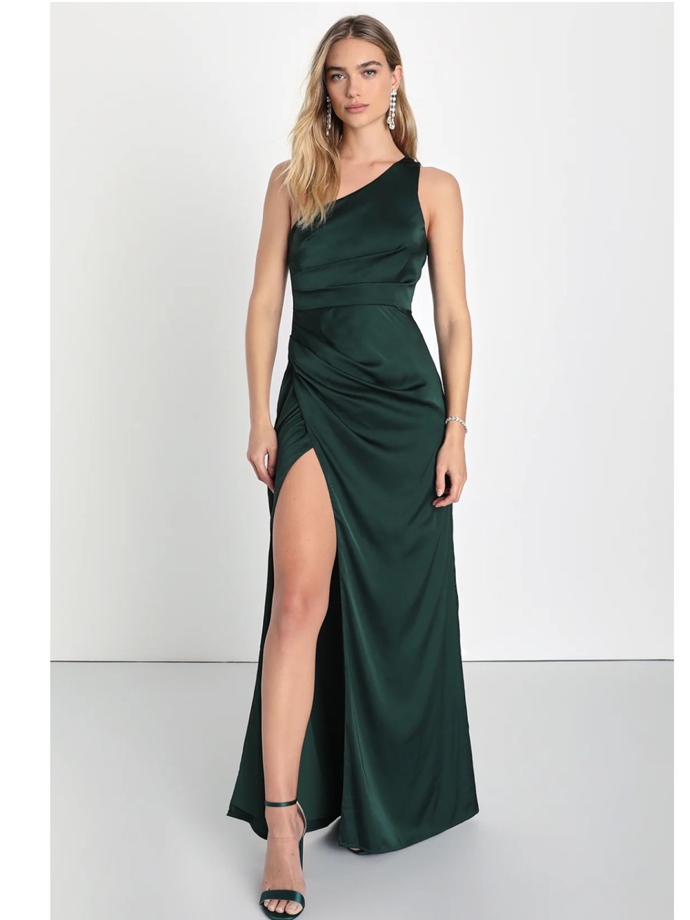 Lulus Dreaming of  Elegance Emerald Green Satin One-Shoulder Maxi Dress Event M
